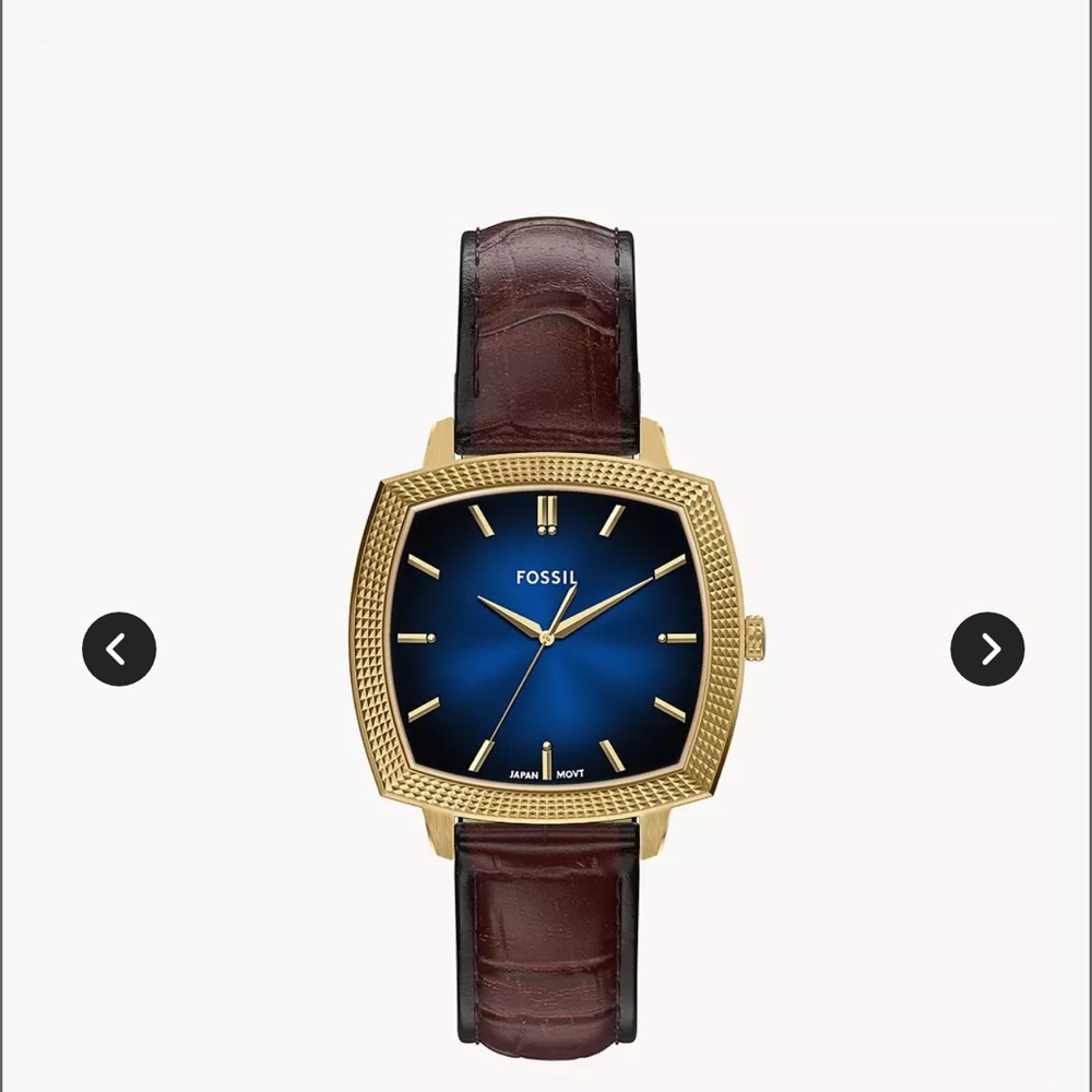 Fossil Gold-Tone Case Blue Sunburst Dial Watch with Brown Leather Strap